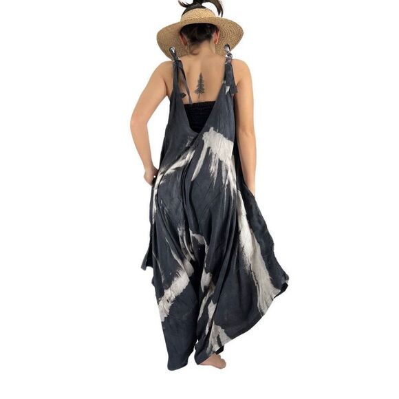 Pōʻalima Charcoal Gray Ivory Tropical Boho Wide Leg Beach Romper - Picture 7 of 16